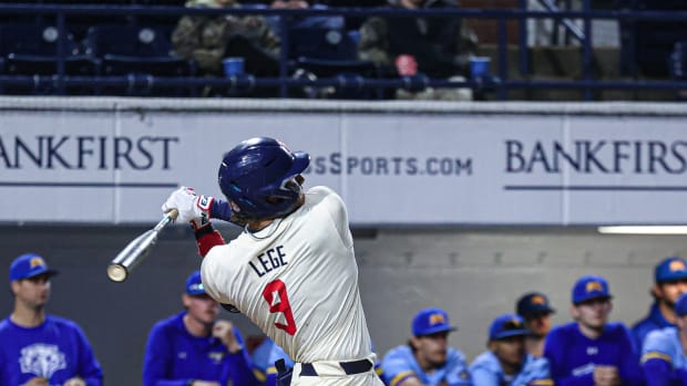 Ole Miss left fielder Ethan Lege led the Rebels in RBIs on Friday night with three.